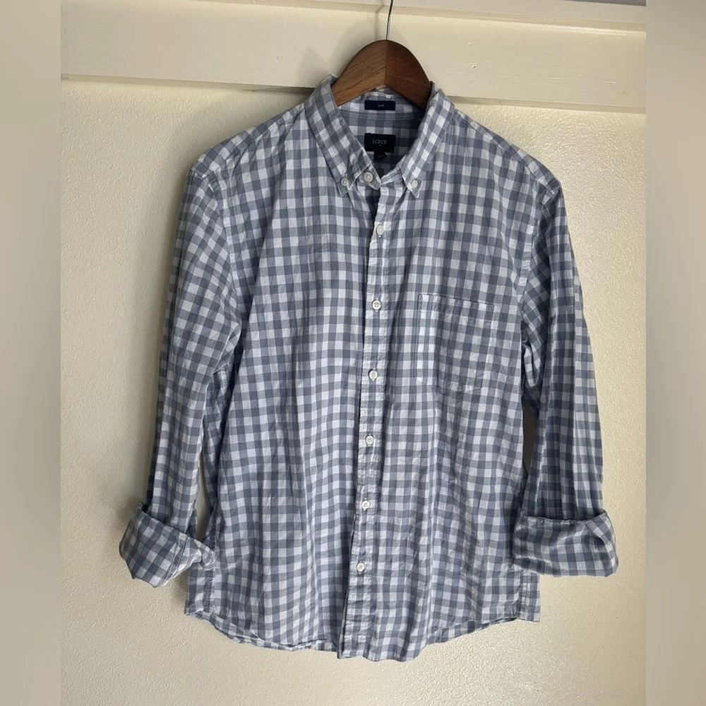 J.Crew Slim Fit Button Down Shirt Blue Gingham Plaid Cotton Size Large